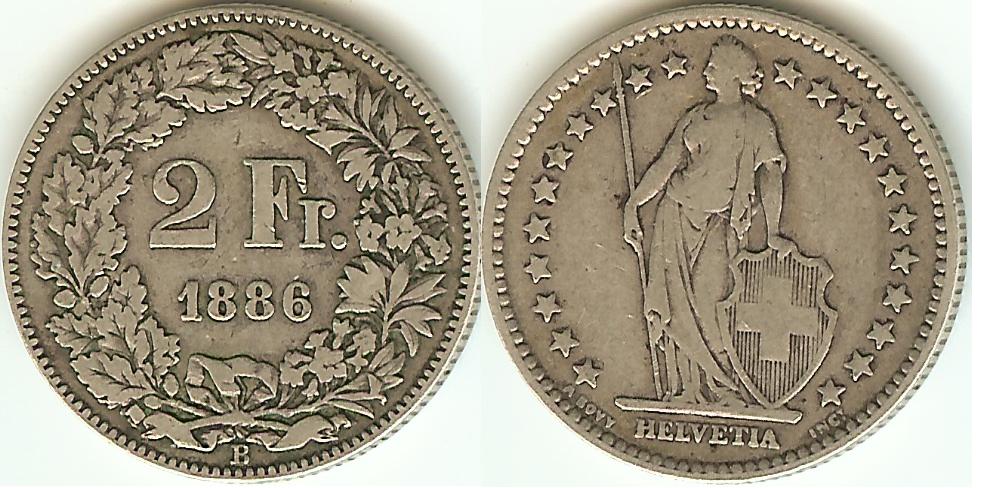 Swiss 2 Francs 1886 VF/gVF